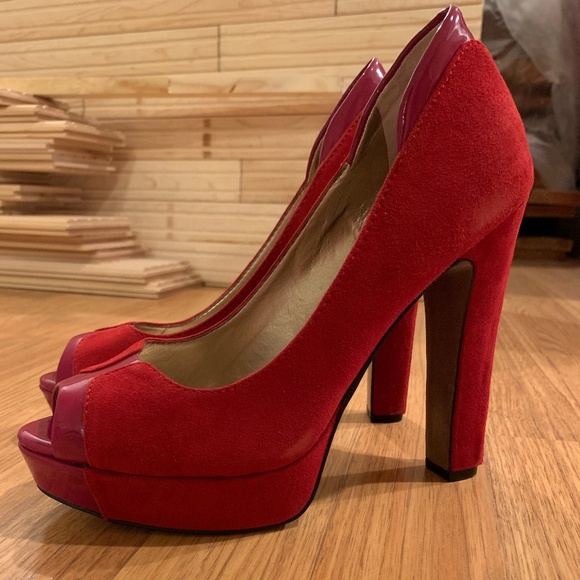 BCBG Red Suede Peep Toe Platform Heels - Picture 1 of 7